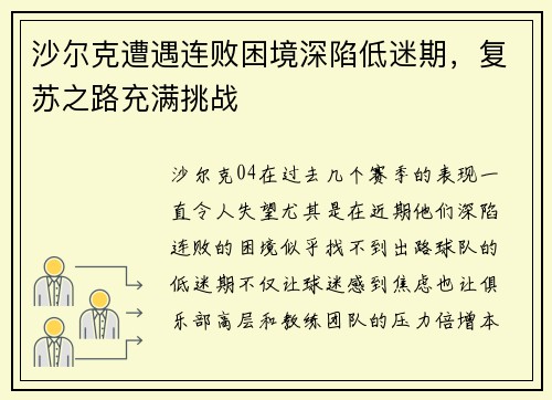 沙尔克遭遇连败困境深陷低迷期，复苏之路充满挑战